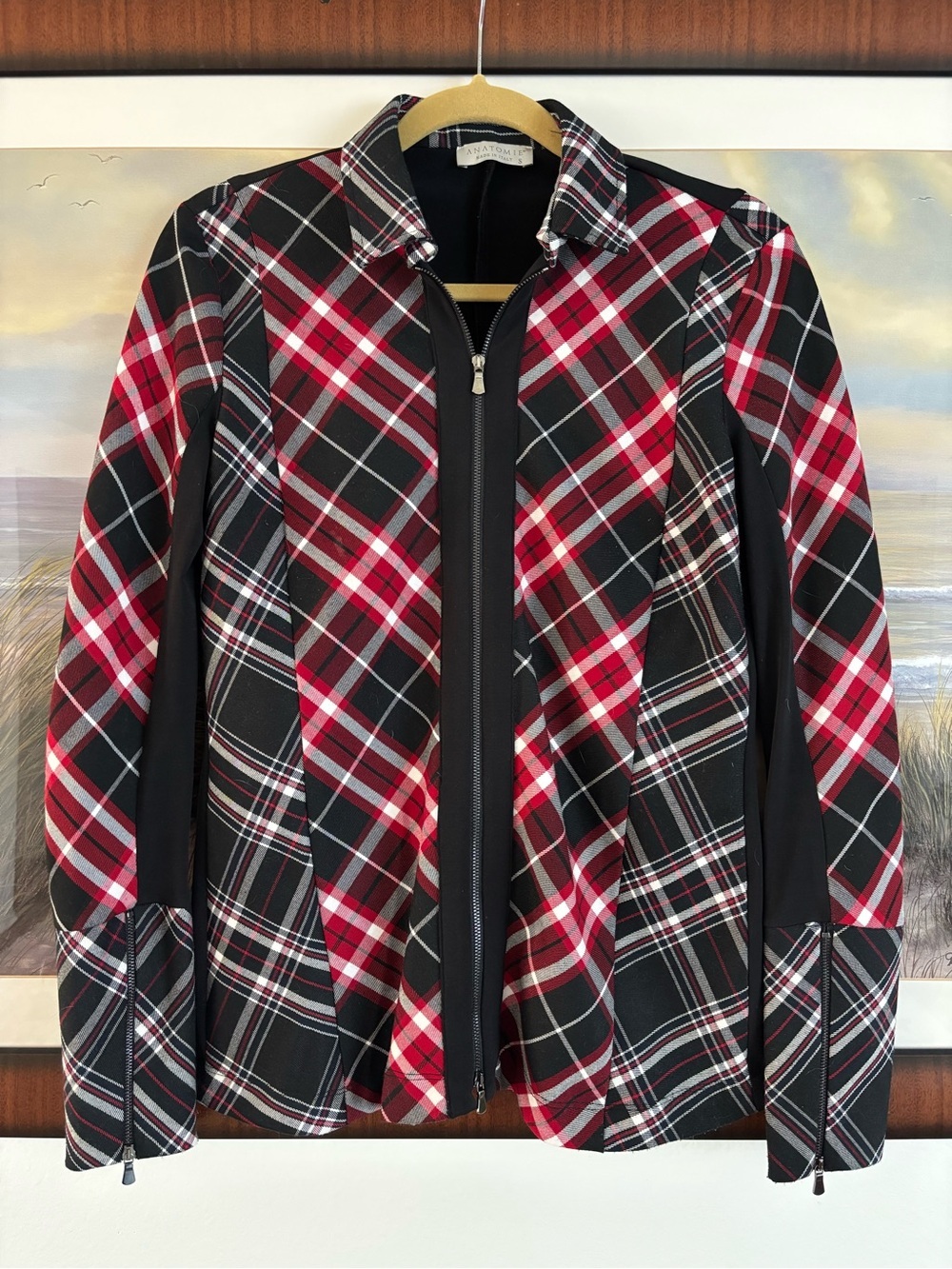 ANATOMIE Red Black Plaid Full Zip Jacket Coat Technical Knit Travel Size:Small